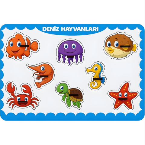 Deniz Hayvanları Ahşap Puzzle – 8 Parça Yuvalı Eğitici Yapboz (29×18 Cm, Okul Öncesi )