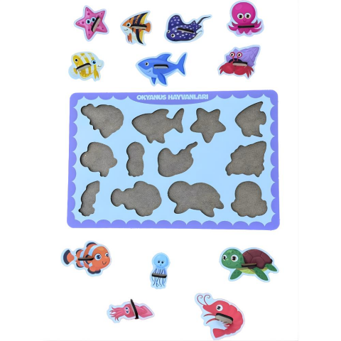 Okyanus Hayvanları Ahşap Puzzle – 12 Parça Kulplu Yuvalı Eğitici Yapboz (29×18 Cm, Okul Öncesi )