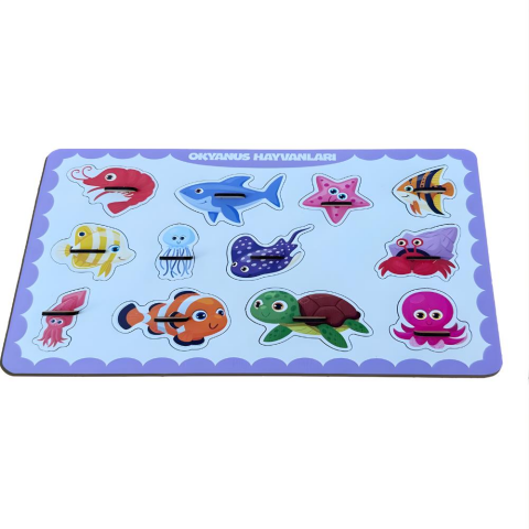 Okyanus Hayvanları Ahşap Puzzle – 12 Parça Kulplu Yuvalı Eğitici Yapboz (29×18 Cm, Okul Öncesi )
