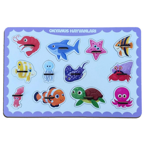 Okyanus Hayvanları Ahşap Puzzle – 12 Parça Kulplu Yuvalı Eğitici Yapboz (29×18 Cm, Okul Öncesi )