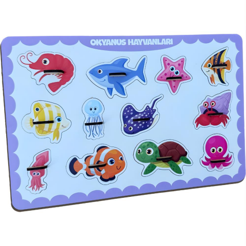 Okyanus Hayvanları Ahşap Puzzle – 12 Parça Kulplu Yuvalı Eğitici Yapboz (29×18 Cm, Okul Öncesi )