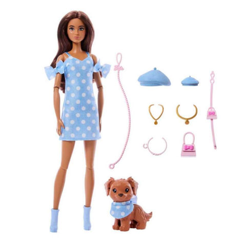 Barbie Uyumlu Dostlar Kahverengi Saçlı Bebek ve Köpekçiği JFP38