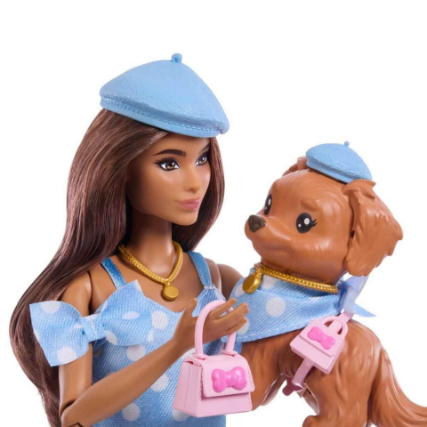 Barbie Uyumlu Dostlar Kahverengi Saçlı Bebek ve Köpekçiği JFP38