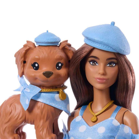 Barbie Uyumlu Dostlar Kahverengi Saçlı Bebek ve Köpekçiği JFP38