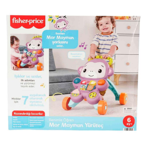 Fisher Price Sesli ve Işıklı Benimle Öğren Mor Maymun Yürüteç JGW94