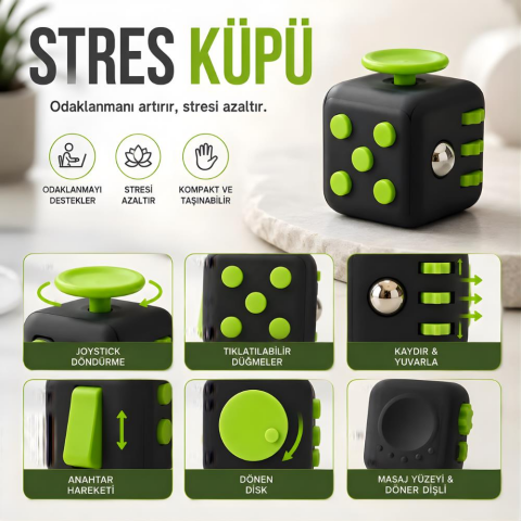 Stres Küpü, Siyah ve Yeşil, Joystick ve Tıklatılabilir Düğmeler, Odaklanmayı Destekler, Kompakt ve Taşınabilir Fidget Oyuncağı Fidget Cube