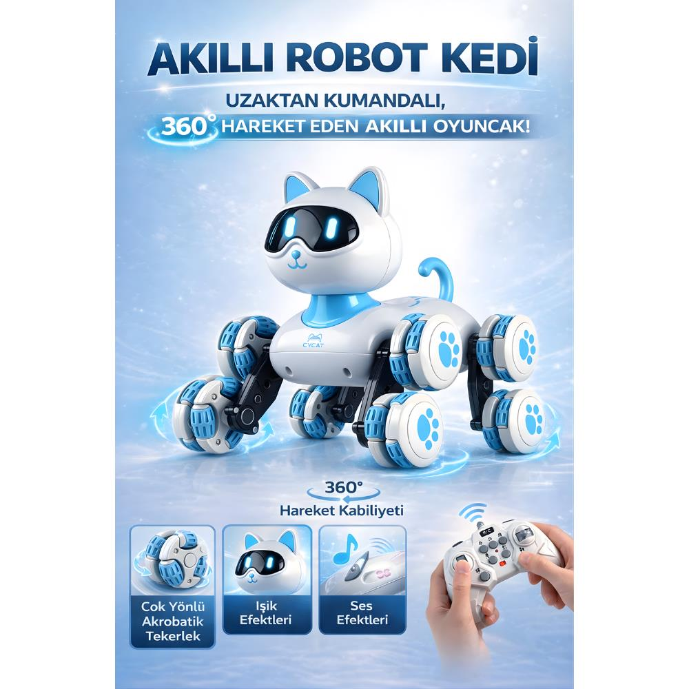 Uzaktan Kumandalı LED Işıklı Ses Efektli 360° Hareket Eden Oyuncak Akıllı Robot Köpek 23 cm