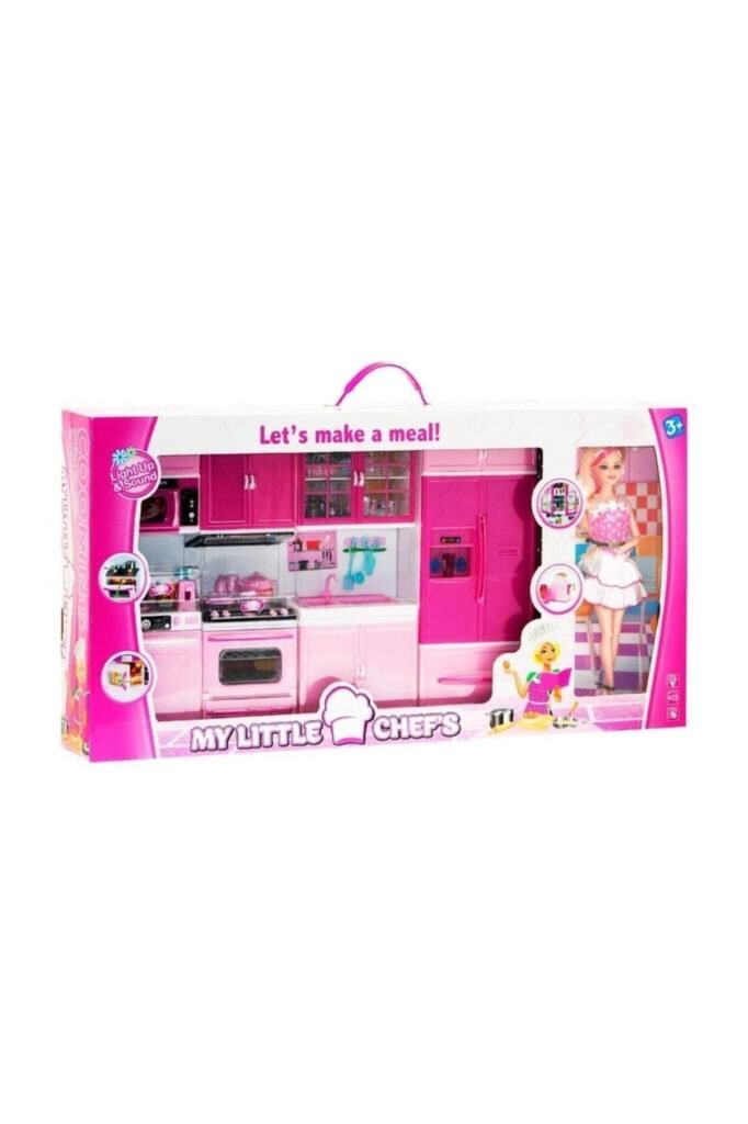 My Little Chefs 4'lü Eklemli Et Bebek ve Mutfak Seti Pembe