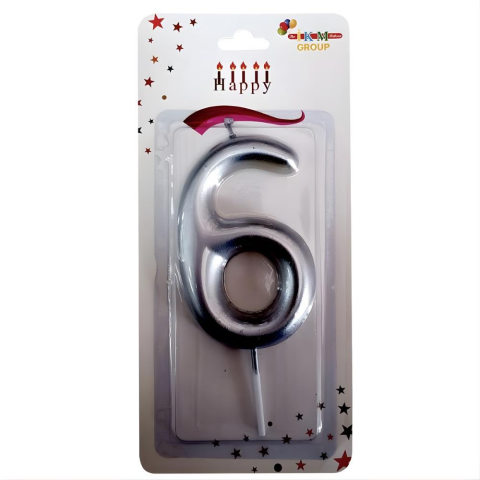 6 Yaş Büyük Boy Rakam Mum GÜMÜŞ SILVER 6 Yaş Doğum Günü Mumu 6 Yaş Mumu