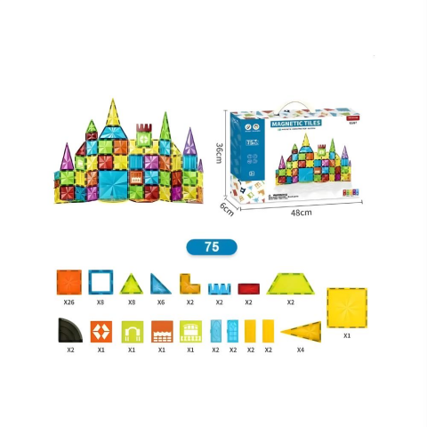 Manyetik Tiles Renkli 75 Parça Manyetik Yapı Magnetic Bloklar