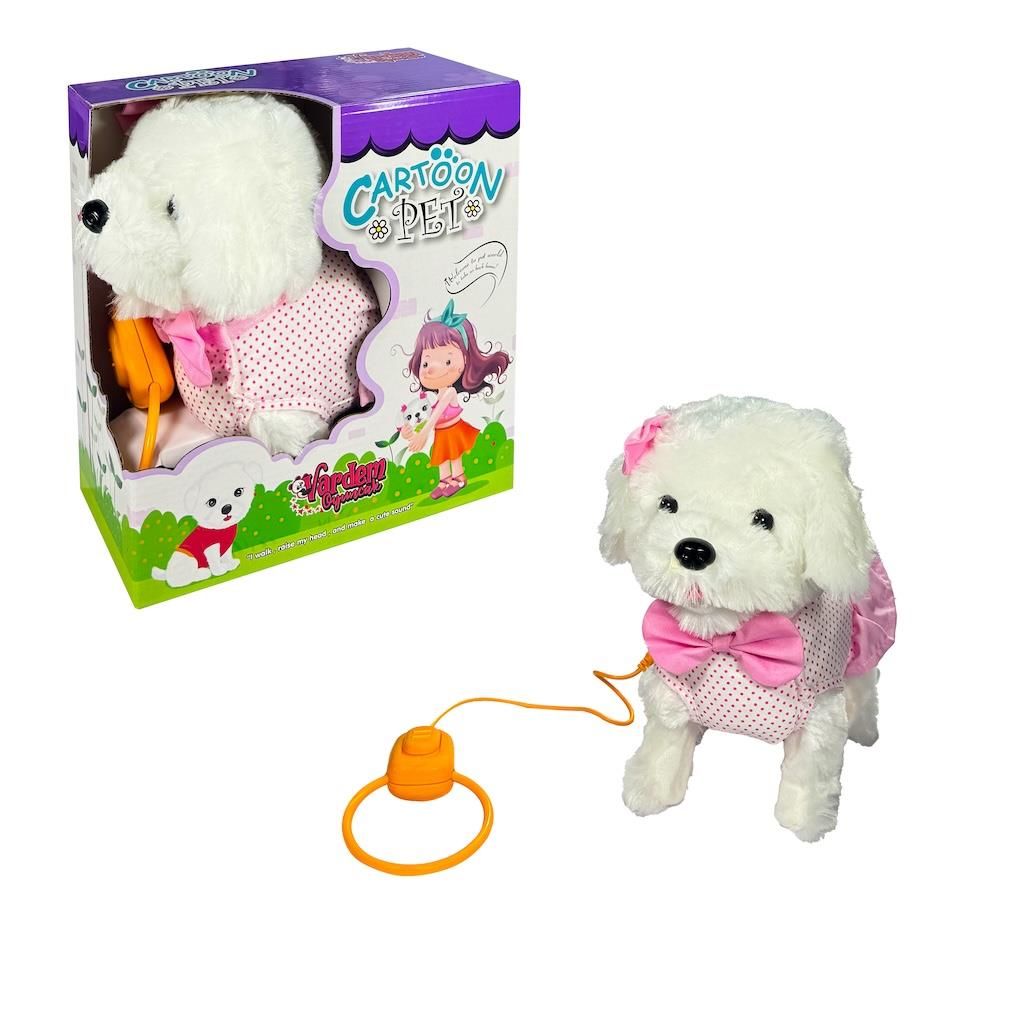 Peluş Tasmalı Yürüyen Pembe Fiyonklu Köpek