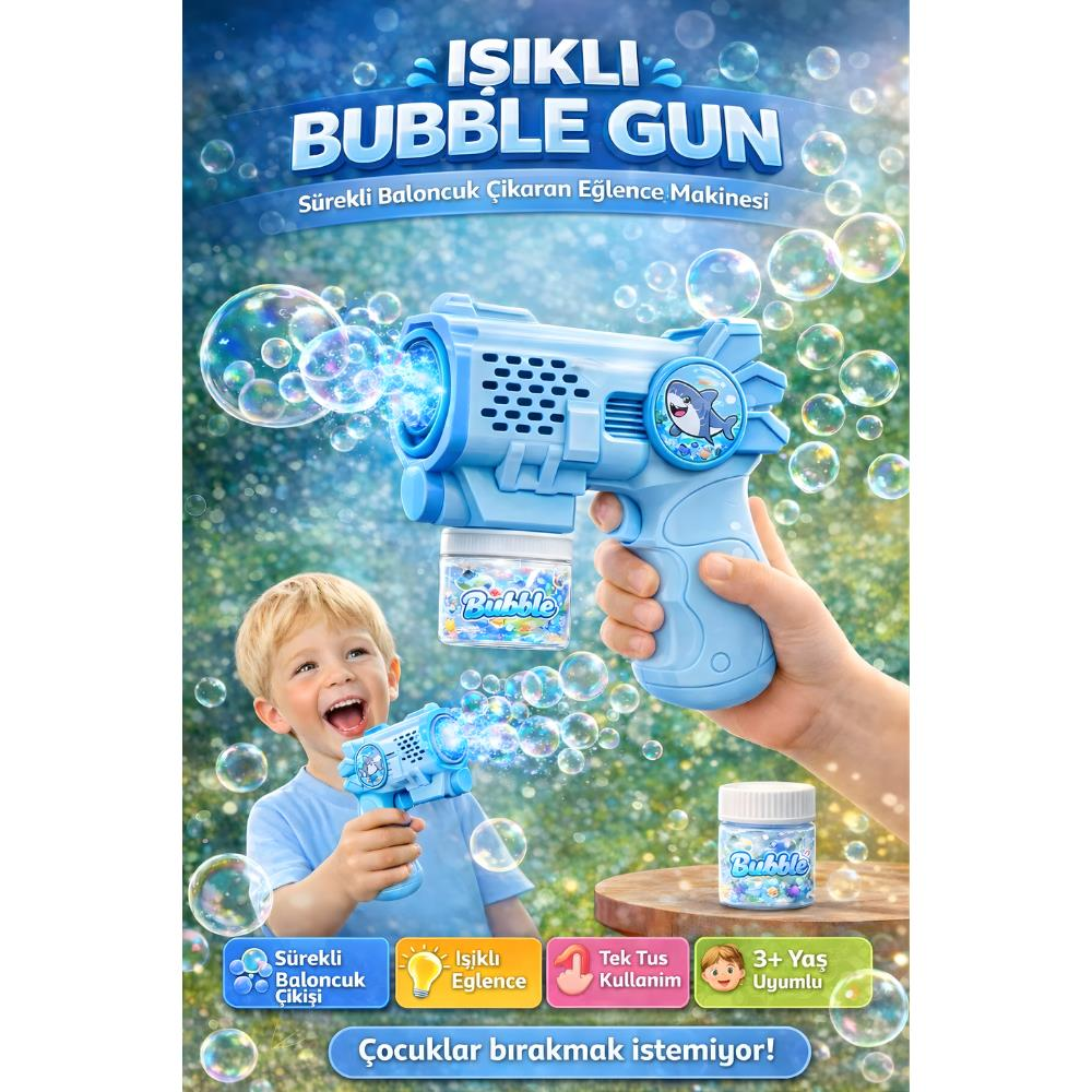 Işıklı Otomatik Sürekli Köpük Çıkaran Baloncuk Tabancası 6 Delikli Köpek Balığı Bubble Gun 14 cm