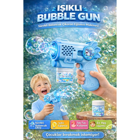 Işıklı Otomatik Sürekli Köpük Çıkaran Baloncuk Tabancası 6 Delikli Köpek Balığı Bubble Gun 14 cm