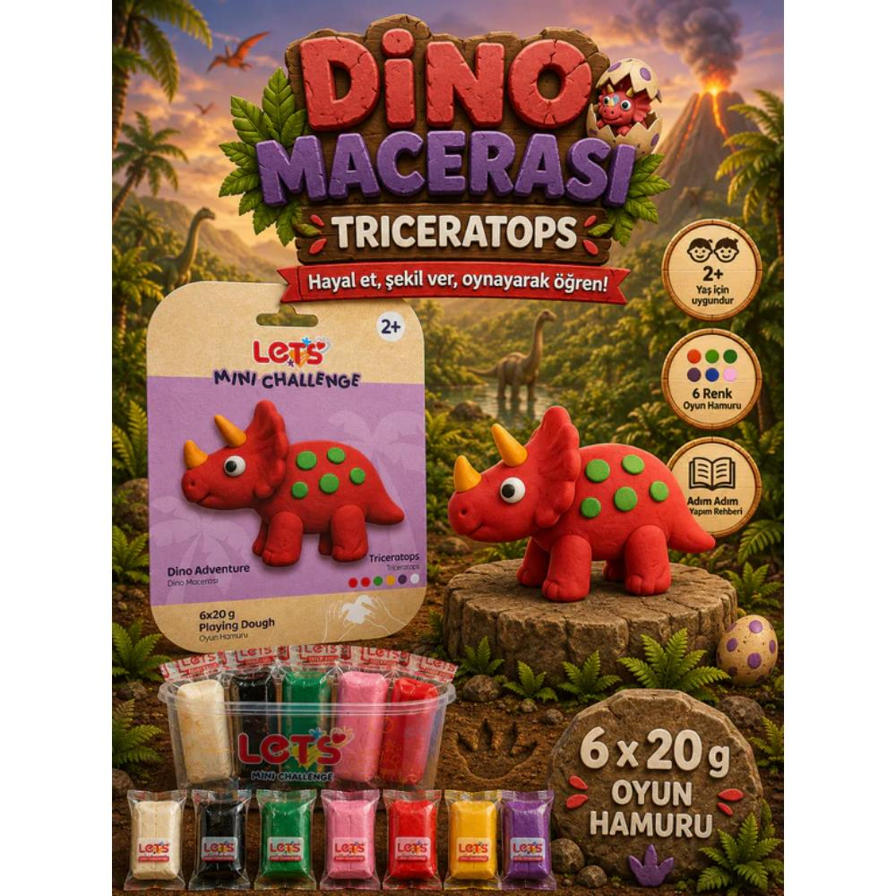 LETS Oyun Hamuru Dino Macerası Triceratops 6 renk 120g YENİ