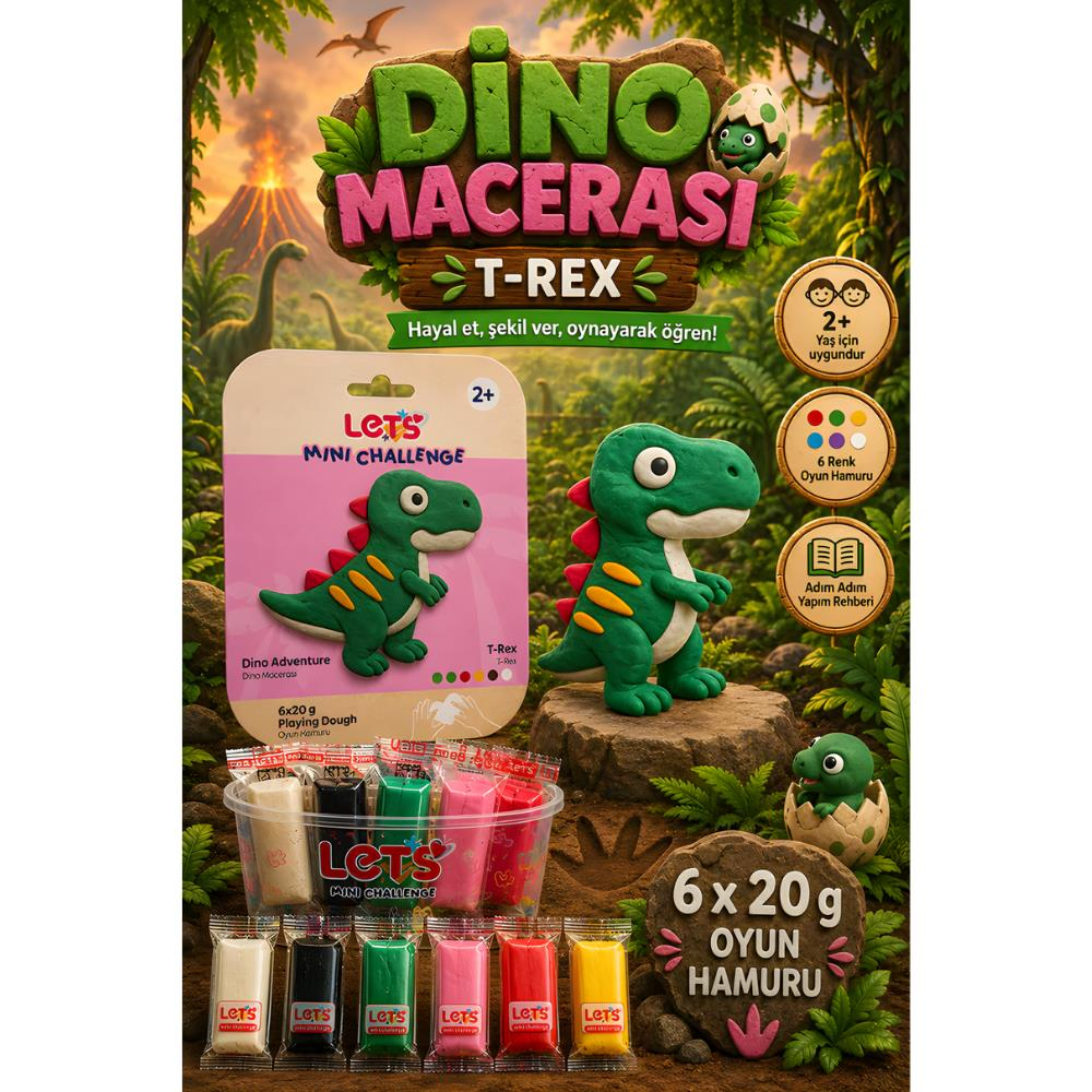 LETS Oyun Hamuru Dino Macerası T-rex 6 renk 120g YENİ
