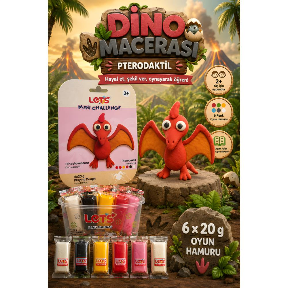 LETS Oyun Hamuru Dino Macerası Pterodaktil 6 renk 120g YENİ