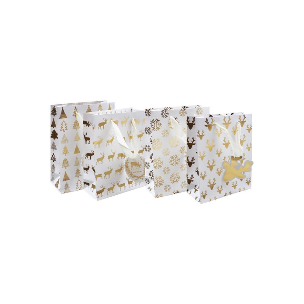 Yılbaşı Hediye Çantası Karışık Desenli Altın Varak Baskılı Karton Çanta 26x32x10cm