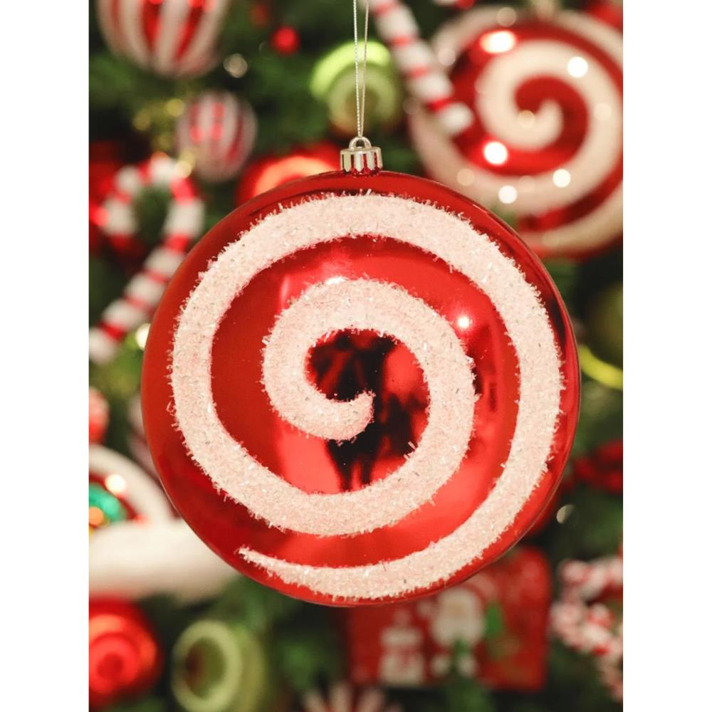 Yılbaşı Ağaç Süsü Simli Spiral Desenli Dekoratif Şeker Kırmızı Beyaz 20 cm 2'li