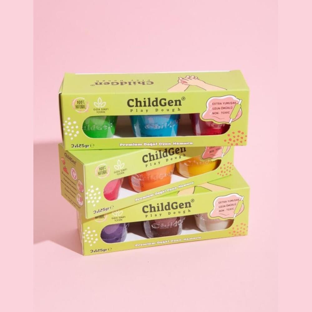 ChildGen Play Dough Doğal Oyun Hamuru 3'lü Set MOR BEYAZ KAHVERENGİ 3x125gr - Premium Kavanoz