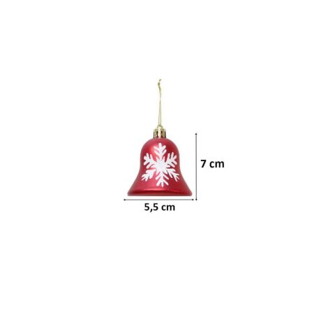Yılbaşı Ağaç Süsü Çan Figürlü Kırmızı-Beyaz Kar Tanesi Desenli 7 cm 2'li Set