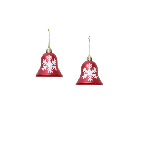 Yılbaşı Ağaç Süsü Çan Figürlü Kırmızı-Beyaz Kar Tanesi Desenli 7 cm 2'li Set