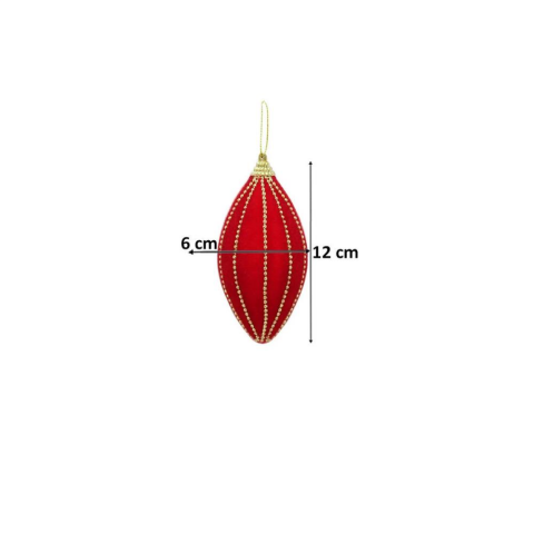 Kadife Yılbaşı Ağaç Süsü – Altın Boncuk Detaylı Damla Dekoratif Süs Kırmızı 8 cm 3'lü