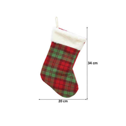 Yılbaşı Çorabı Kırmızı Yeşil Ekose Şömine Dekoru Hediyelik Çorap 34 cm