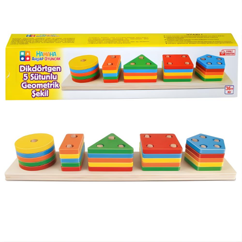 Eğitici Ahşap Renkli Dikdörtgen 5'Li Sütun Geometrik Şekiller