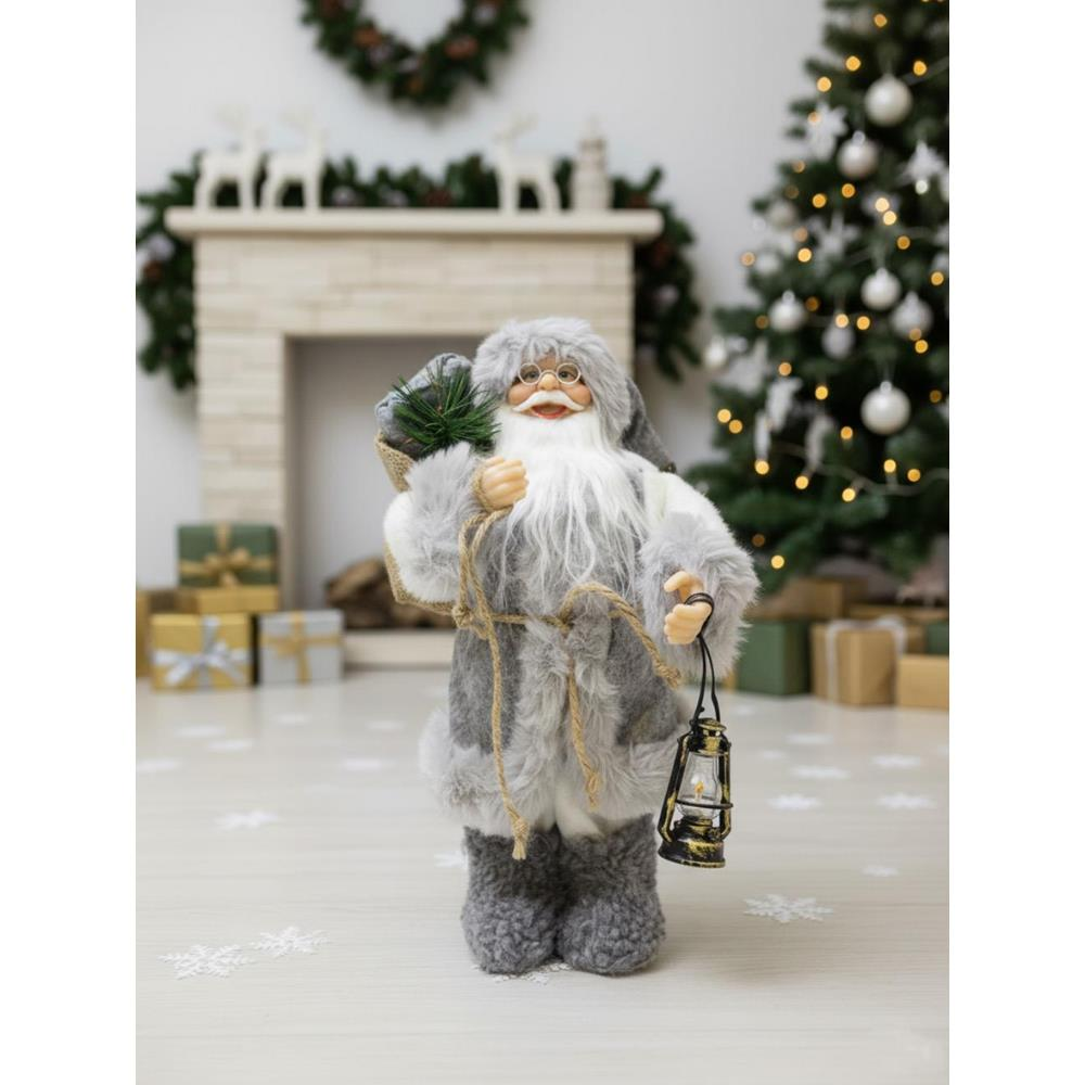 Yılbaşı Dekoru Gri Kürklü Noel Baba Figürlü Süsleme Aksesuarı 30 Cm