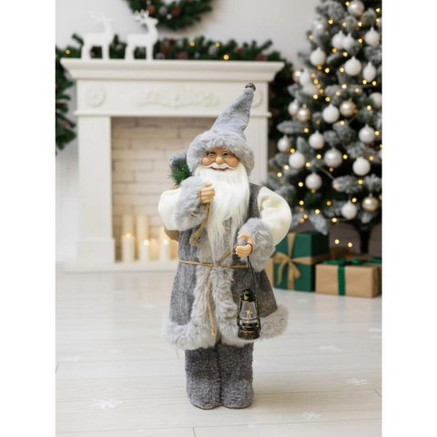 Yılbaşı Dekoru Gri Kürklü Noel Baba Figürlü Süsleme Aksesuarı 45 Cm