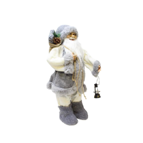 Yılbaşı Dekoru Gri Kürklü Noel Baba Figürlü Süsleme Aksesuarı 60 Cm