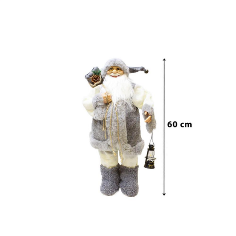 Yılbaşı Dekoru Gri Kürklü Noel Baba Figürlü Süsleme Aksesuarı 60 Cm