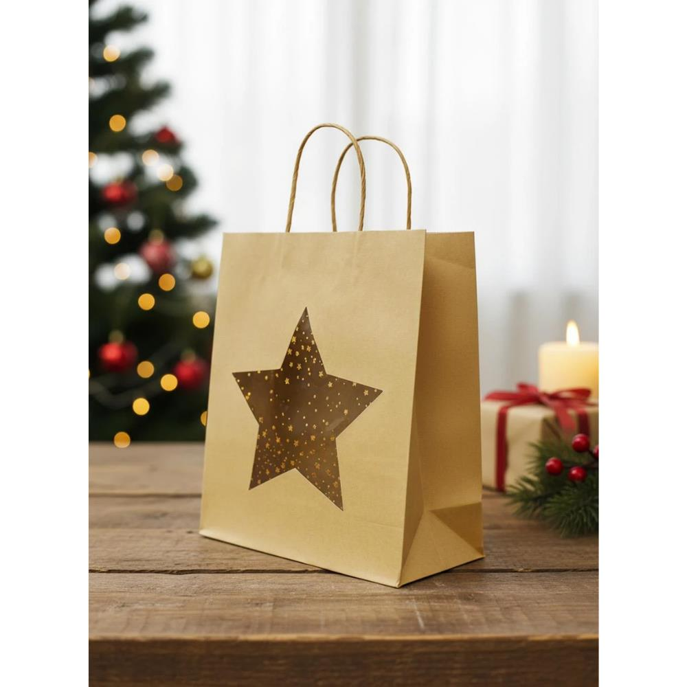 Karton Çanta Yıldız Pencereli Alışveriş Çantası Hediye Çantası Kraft 26x32x12 cm