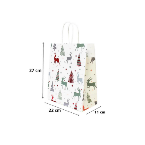 Yılbaşı Temalı Desenli Karton Çanta Hediye Çanta Seti Beyaz – 22x27x11 cm