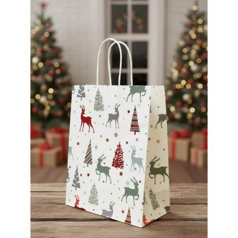 Yılbaşı Temalı Desenli Karton Çanta Hediye Çanta Seti Beyaz – 22x27x11 cm