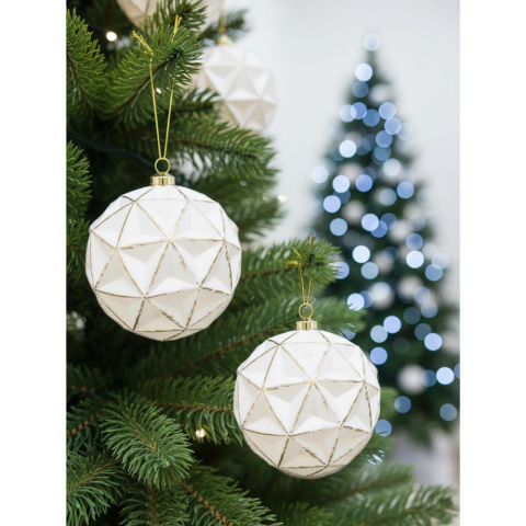 Yılbaşı Topu Geometrik Desenli Eskitme Detaylı Ağaç Süsü Beyaz 10 cm – 2'li Set